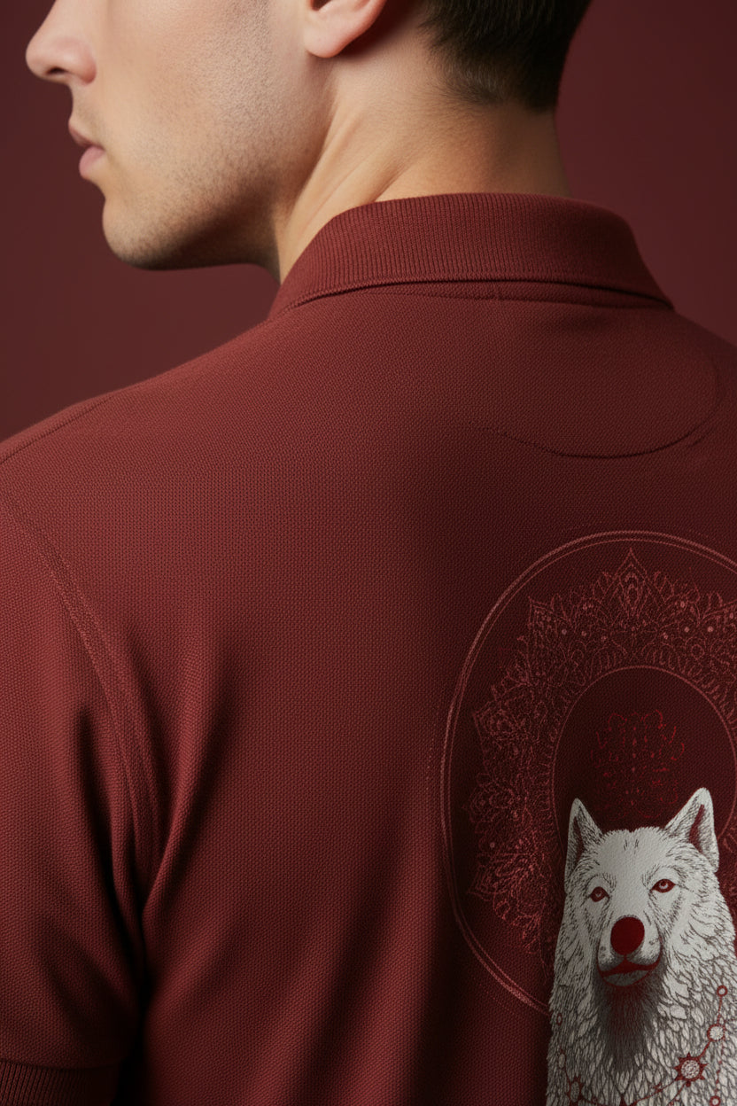 ZotRage brick red cotton polo shirt featuring a white wolf graphic with a red nose and circular mandala design
