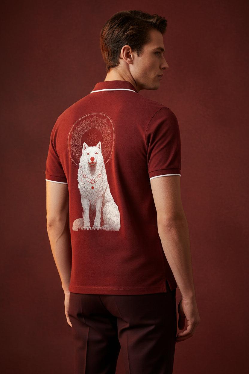ZotRage brick red cotton polo shirt featuring a white wolf graphic with a red nose and circular mandala design