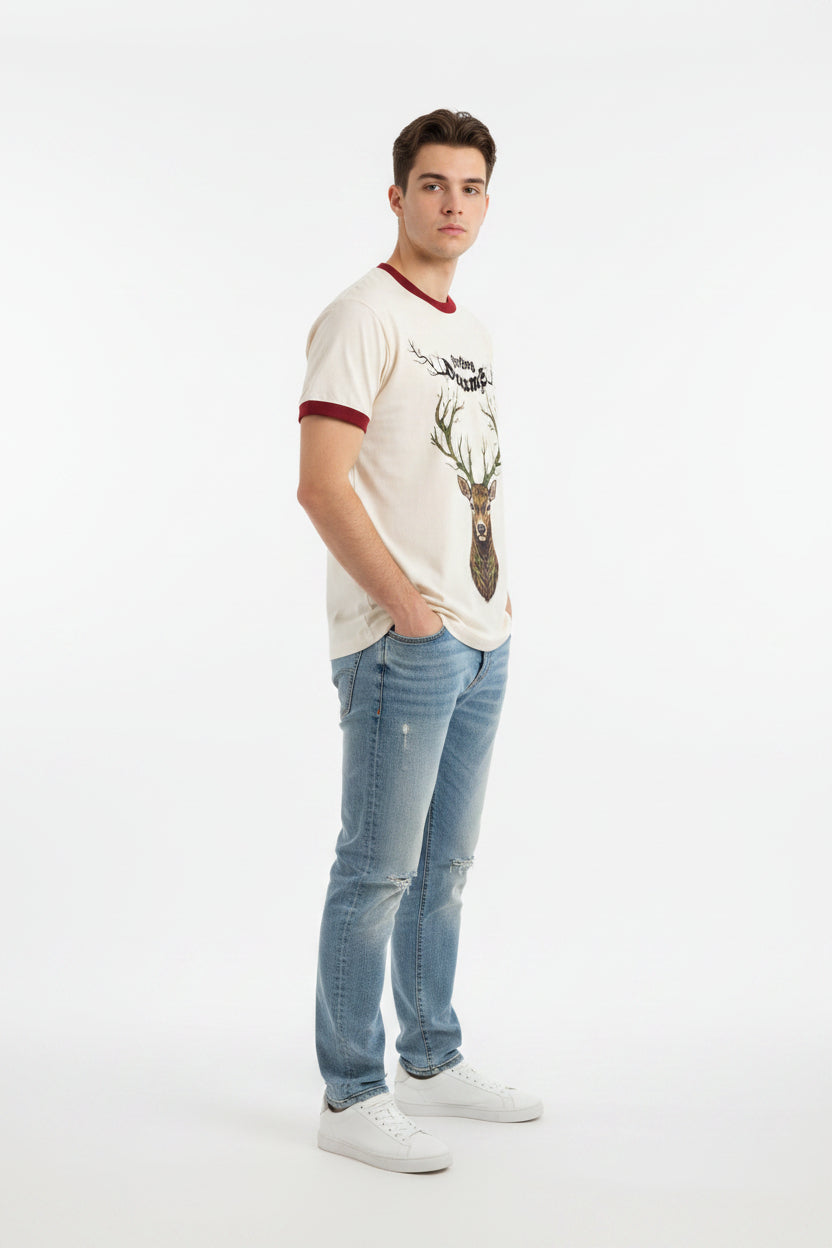ZotRage cream ringer t-shirt featuring a detailed brown deer head graphic with antler branches and text.