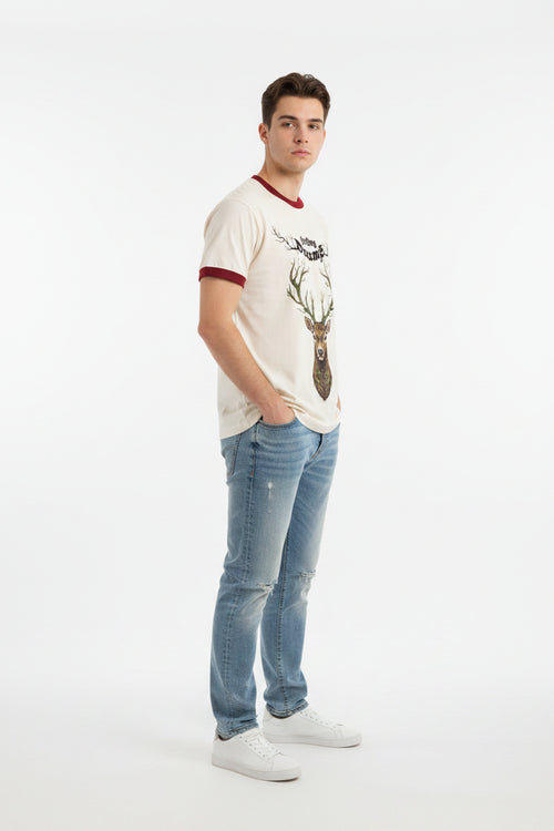 ZotRage cream ringer t-shirt featuring a detailed brown deer head graphic with antler branches and text.