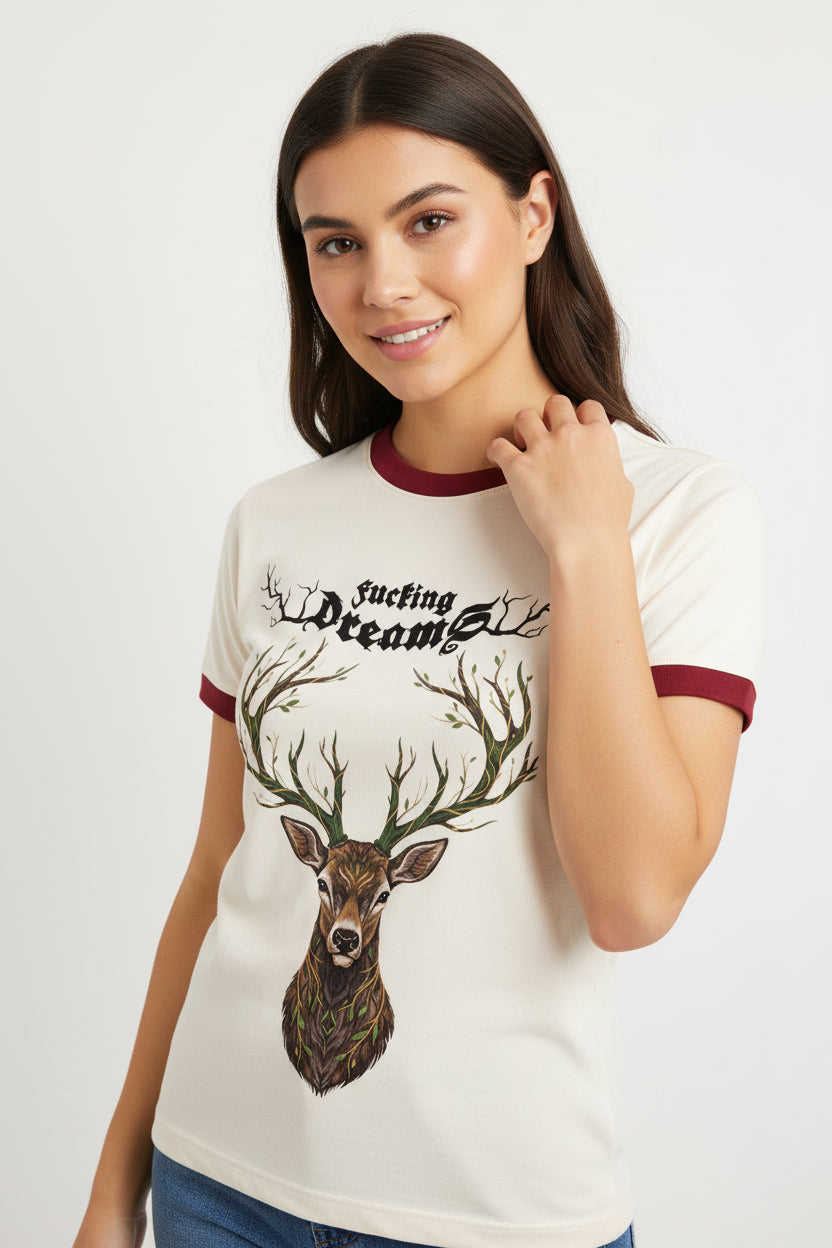 ZotRage cream ringer t-shirt featuring a detailed brown deer head graphic with antler branches and text.