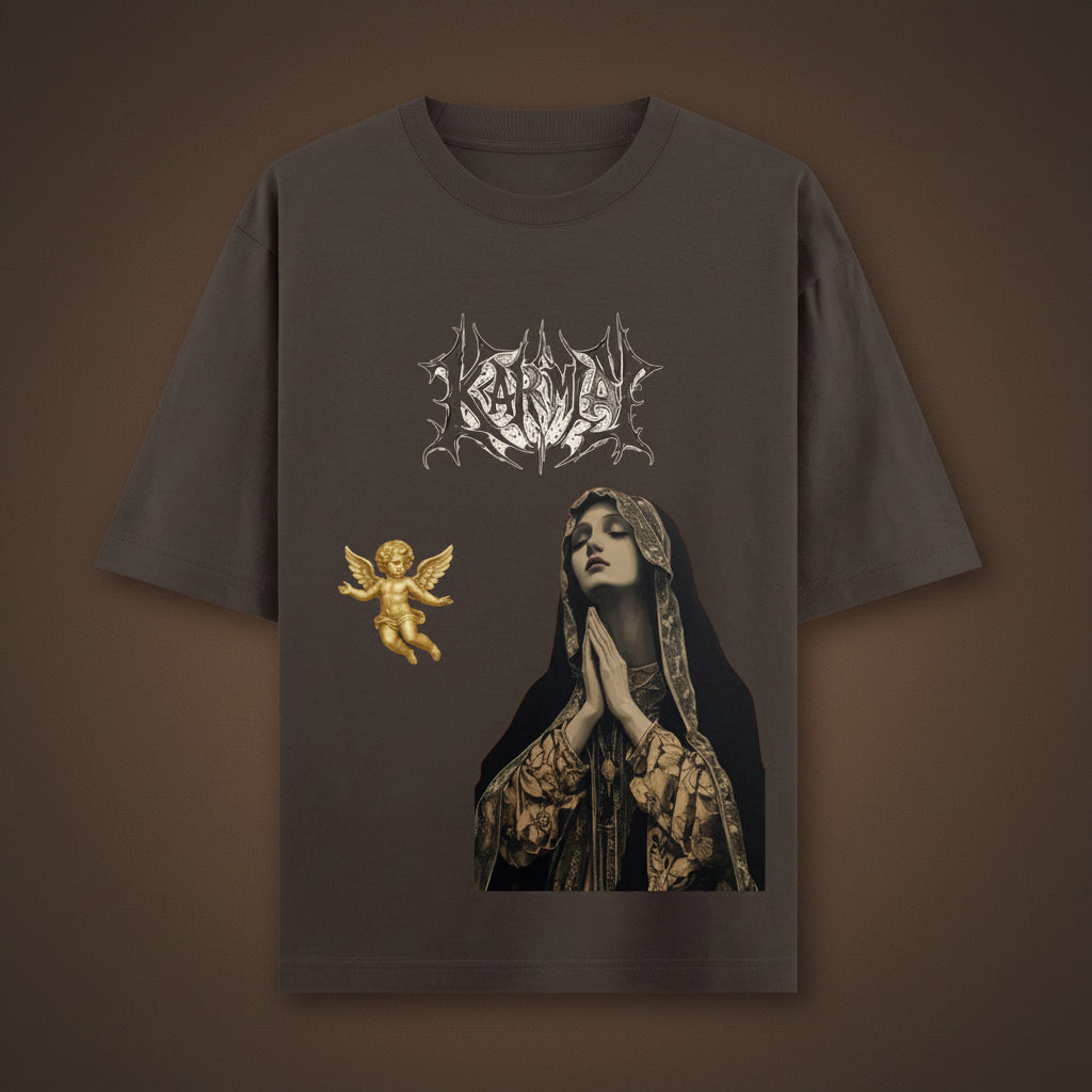 ZotRage brown oversized t-shirt featuring a Karma metal-style logo, a praying woman graphic, and a gold cherub.