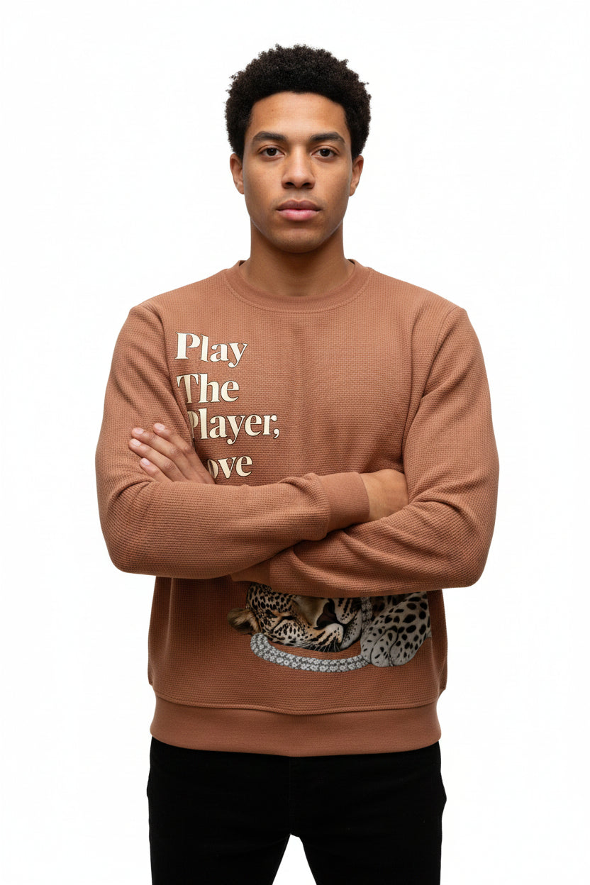 ZotRage brown waffle knit oversized long-sleeve shirt with a sleeping leopard graphic and text print.