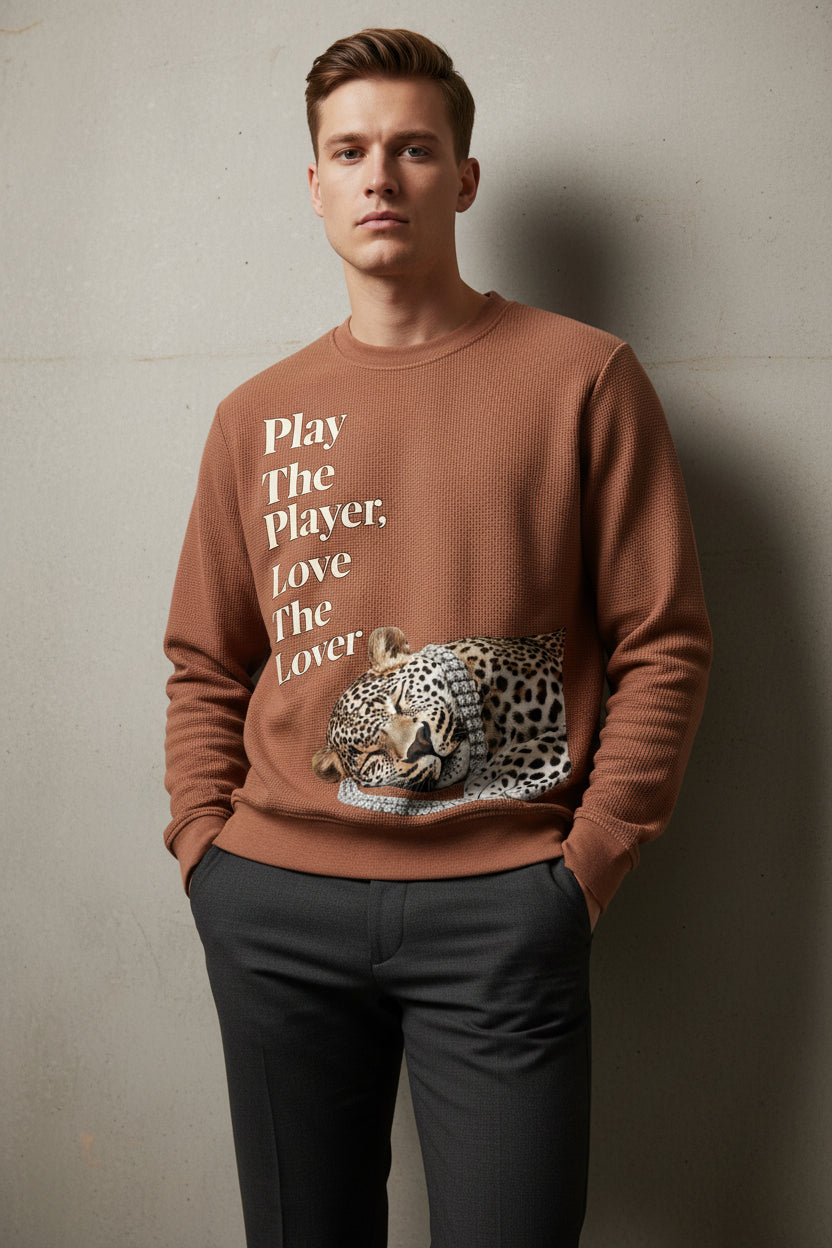 ZotRage brown waffle knit long sleeve shirt with a sleeping leopard graphic and Play The Player text print