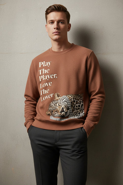 ZotRage brown waffle knit long sleeve shirt with a sleeping leopard graphic and Play The Player text print