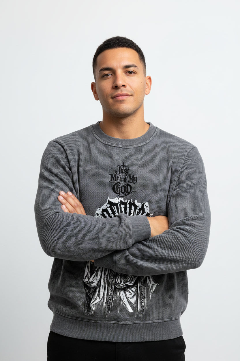 ZotRage charcoal acidwash waffle knit long sleeve shirt with detailed graphic print of a religious figure