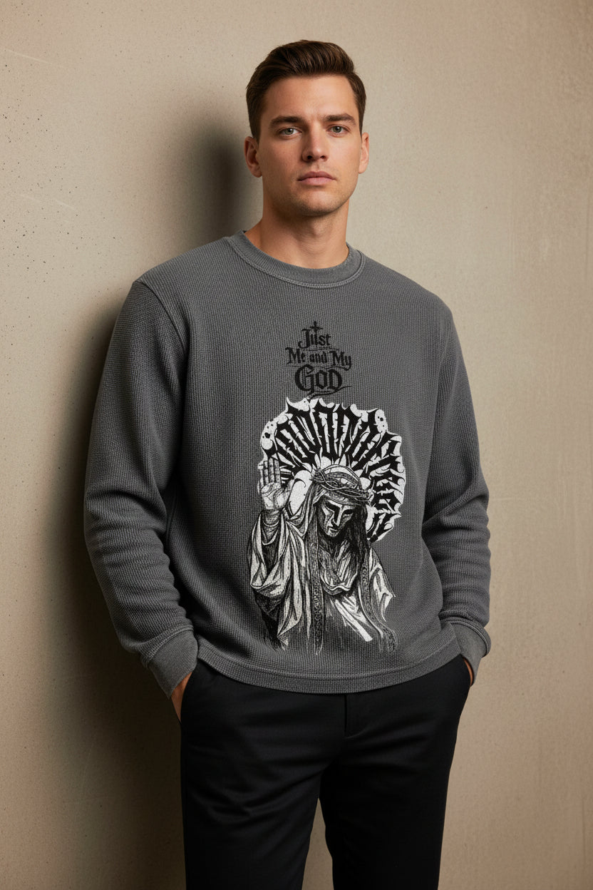 ZotRage charcoal acidwash waffle knit long sleeve shirt with graphic print of a religious figure and text