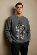 ZotRage charcoal acidwash waffle knit long sleeve shirt with graphic print of a religious figure and text