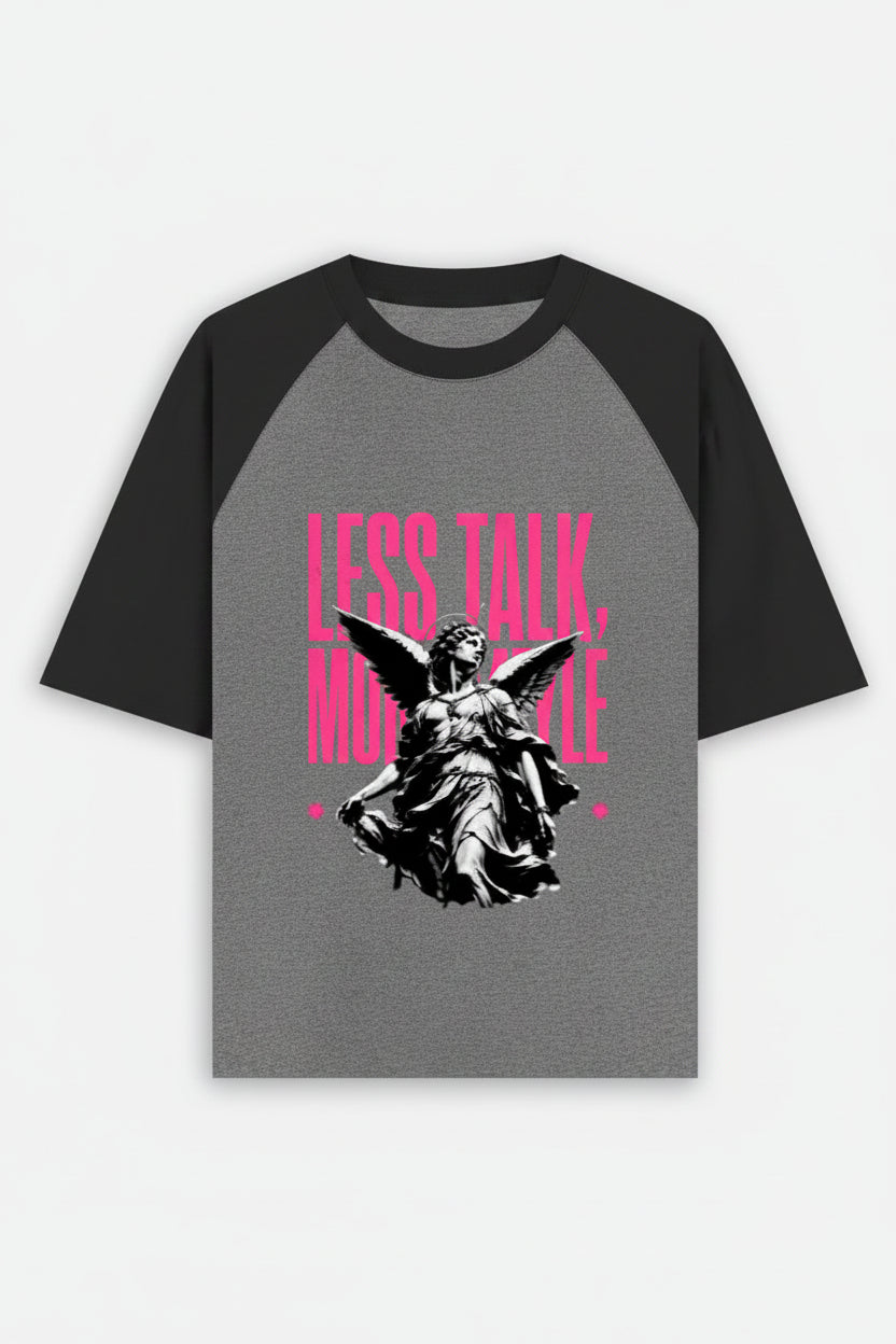 ZotRage oversized raglan t-shirt in black and charcoal melange cotton with a pink graphic print of an angel statue.