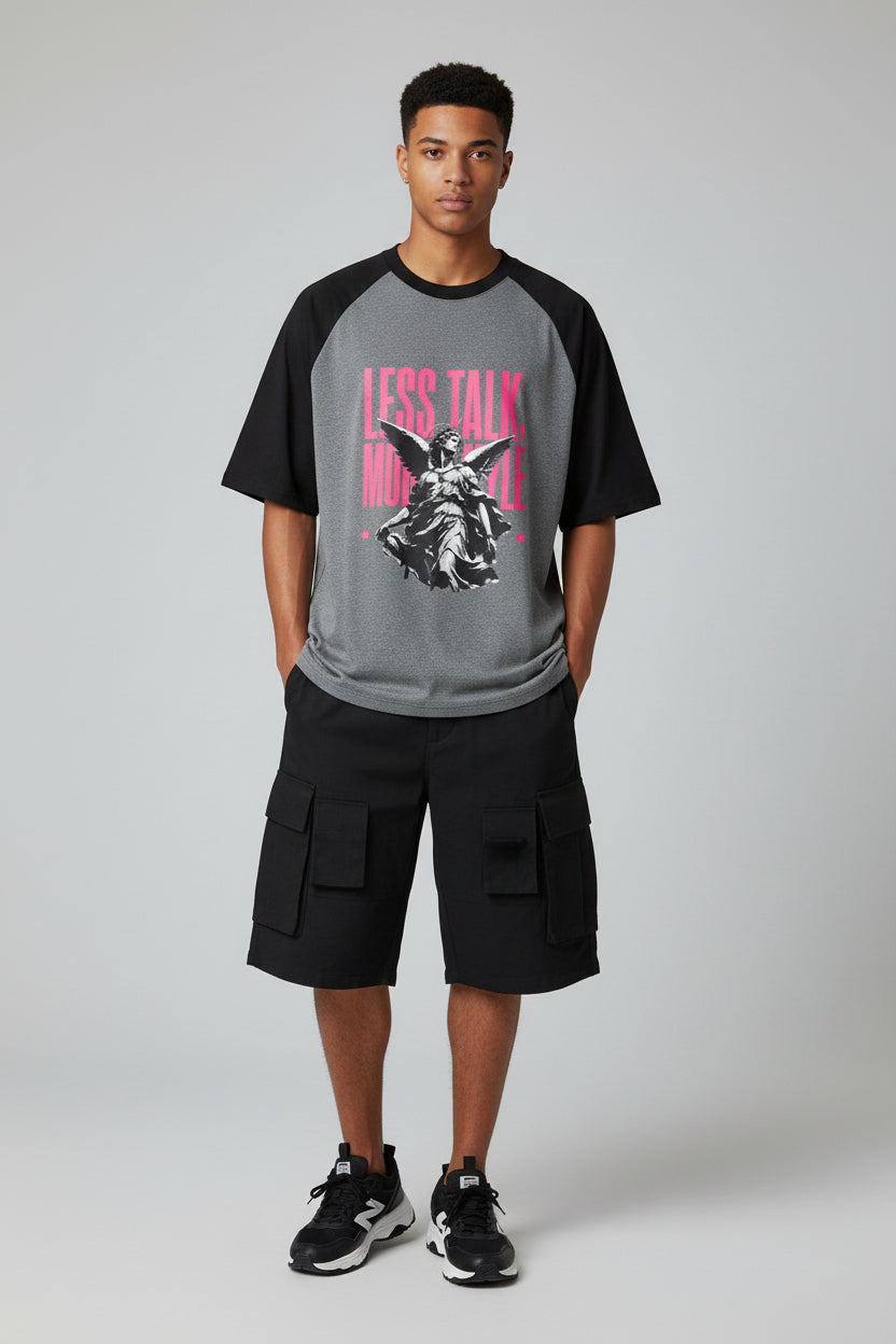 ZotRage black and charcoal melange oversized raglan t-shirt with pink Less Talk More Hustle angel graphic print