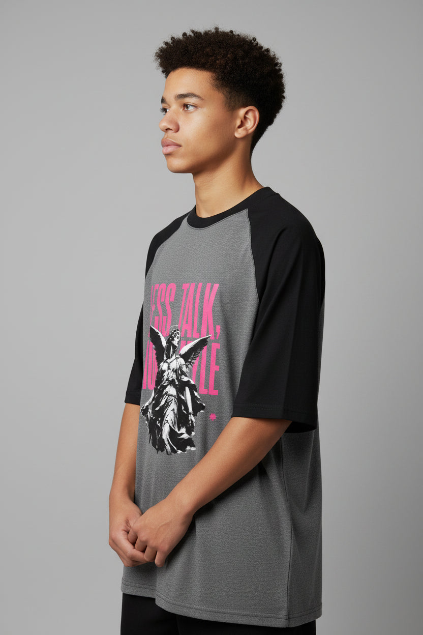 ZotRage black and charcoal melange oversized raglan t-shirt with pink graphic print of an angel