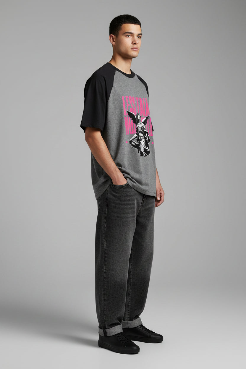 ZotRage black and charcoal melange oversized raglan t-shirt with pink Less Talk More Hustle angel graphic print