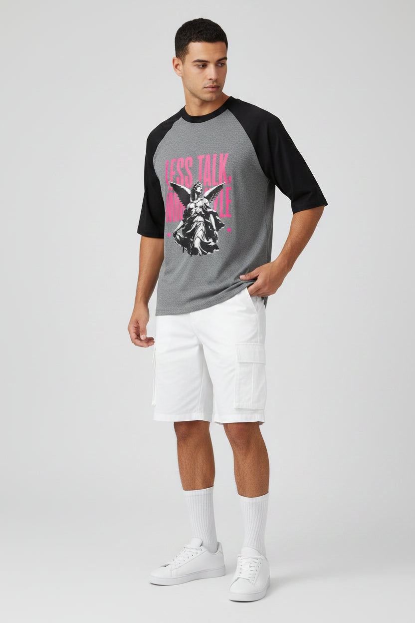 ZotRage black and charcoal melange oversized raglan t-shirt with pink Less Talk More Hustle angel graphic print