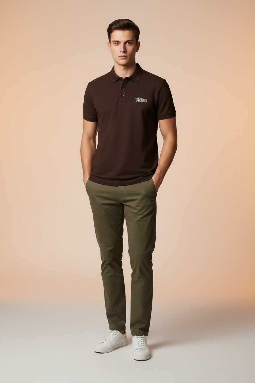ZotRage coffee brown cotton polo shirt with textured airtex fabric, structured collar, and embroidered coffee logo.