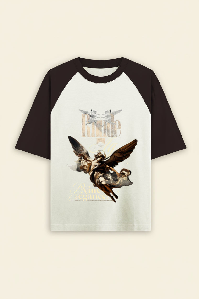 ZotRage oversized raglan t-shirt in coffee brown and off-white cotton with graphic angel print and ribbed neck