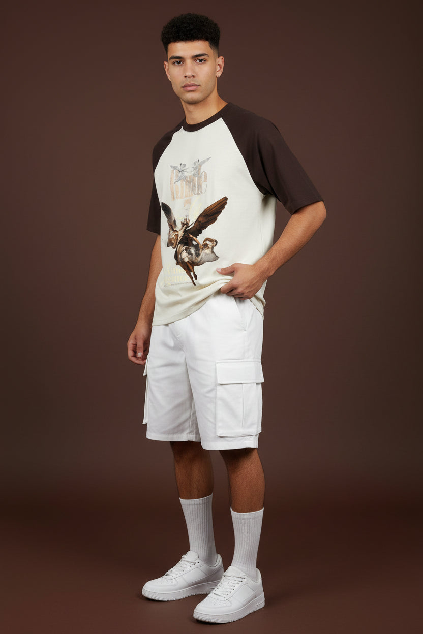 ZotRage oversized raglan t-shirt in coffee brown and off-white cotton with graphic angel print and ribbed neck