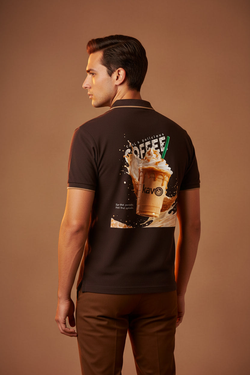 ZotRage coffee brown cotton polo shirt with a back graphic print of an iced coffee drink with cream and splashes.