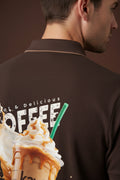 ZotRage coffee brown cotton polo shirt with a graphic print of an iced coffee drink on the back