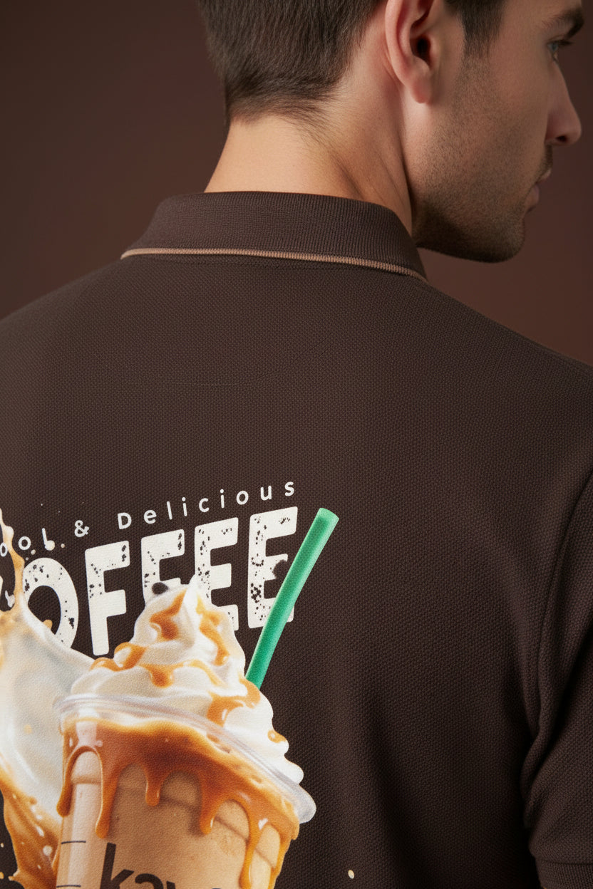 ZotRage coffee brown cotton polo shirt with a graphic print of an iced coffee drink on the back