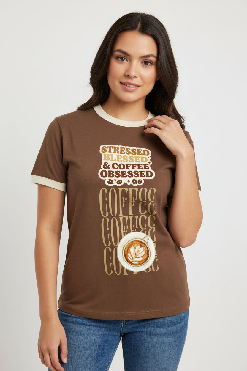 ZotRage coffee brown ringer t-shirt with cream trim and Stressed Blessed & Coffee Obsessed graphic print