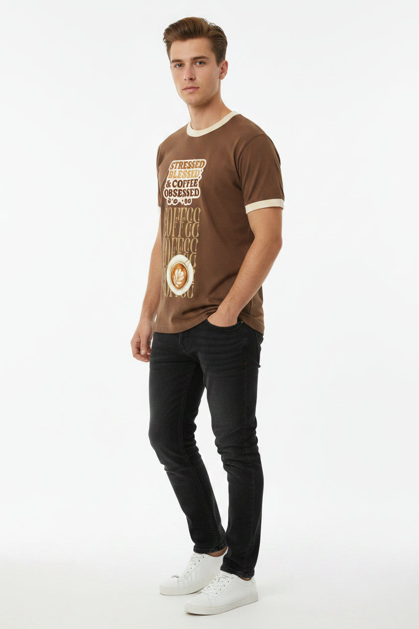 ZotRage coffee brown ringer t-shirt with cream trim and Stressed Blessed & Coffee Obsessed graphic print