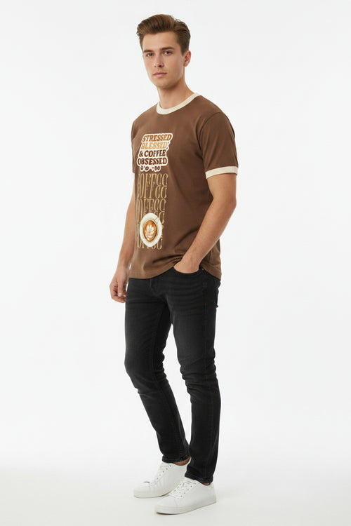 ZotRage coffee brown ringer t-shirt with cream trim and Stressed Blessed & Coffee Obsessed graphic print