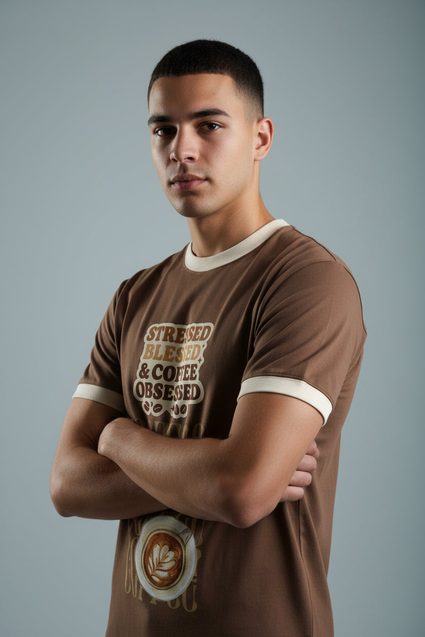 ZotRage coffee brown ringer t-shirt with cream trim and Stressed Blessed & Coffee Obsessed graphic print