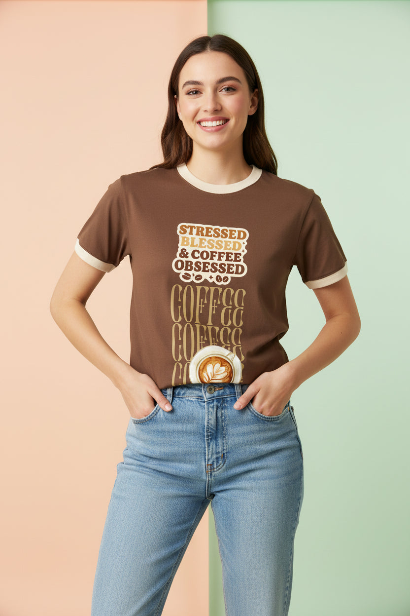 ZotRage coffee brown ringer t-shirt with cream trim and Stressed Blessed & Coffee Obsessed graphic print