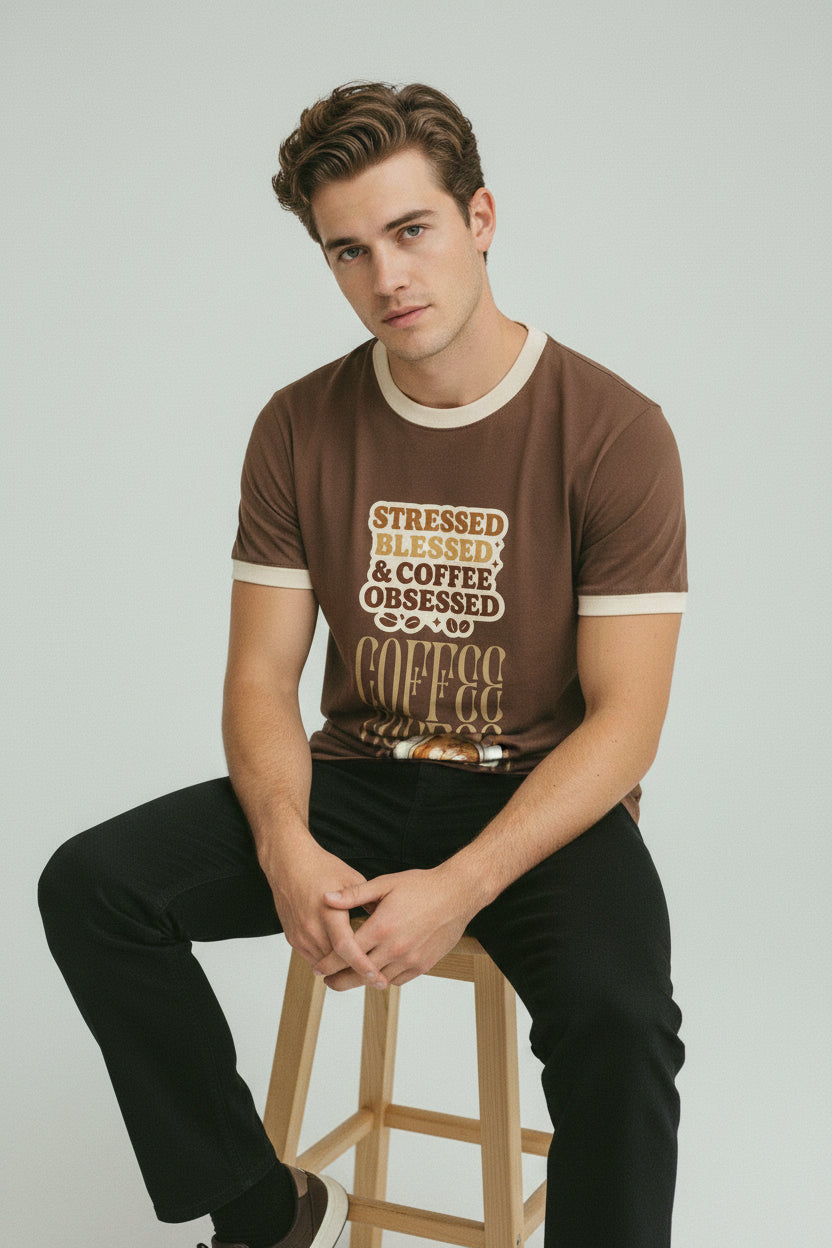 ZotRage coffee brown ringer t-shirt with cream trim and Stressed Blessed & Coffee Obsessed graphic print