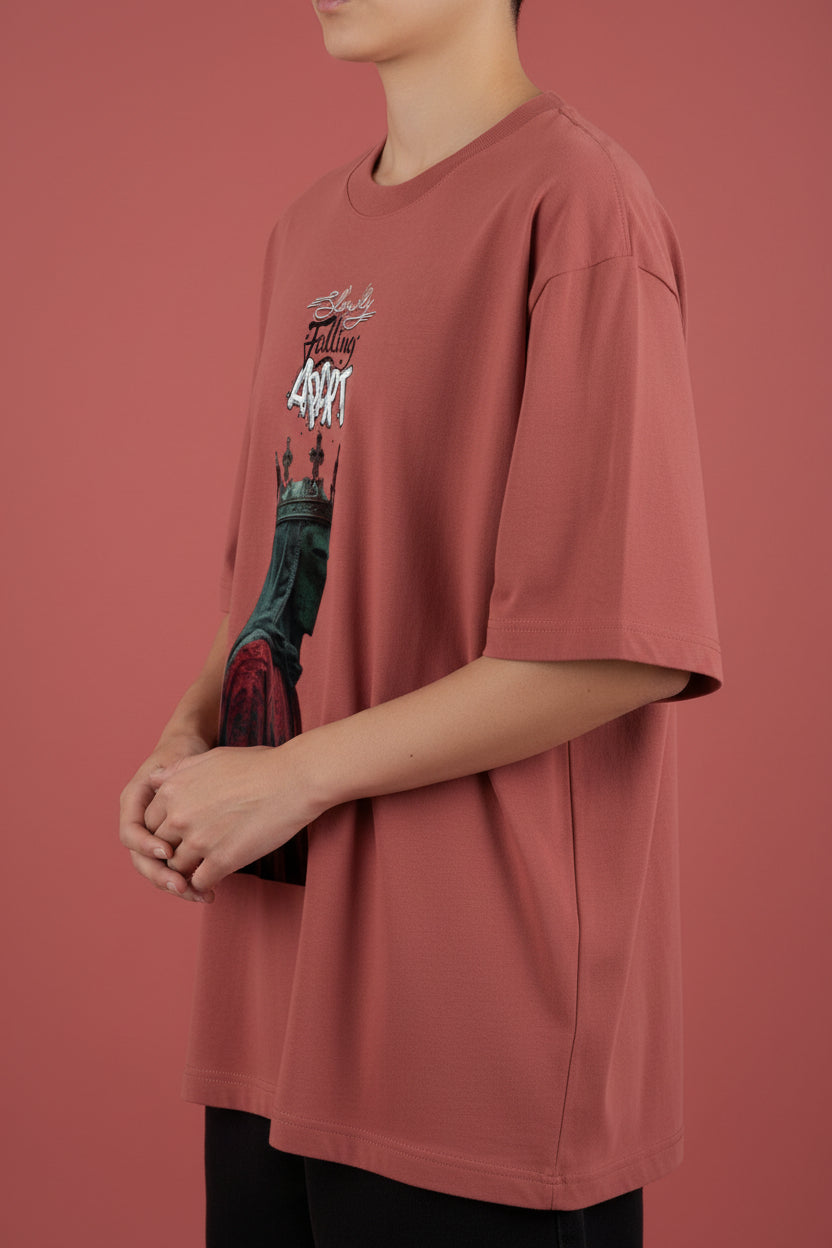 ZotRage coral red oversized heavyweight cotton t-shirt featuring a graphic of a crowned figure and text.