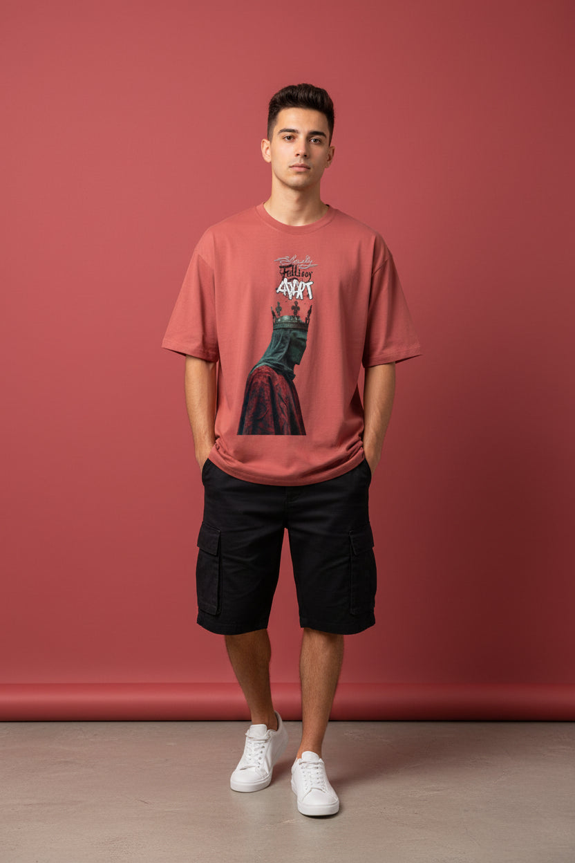 ZotRage coral red heavyweight cotton oversized t-shirt featuring a graphic of a crowned figure and text.
