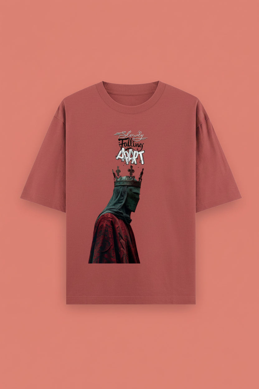 ZotRage coral red heavyweight cotton oversized t-shirt featuring a graphic of a crowned figure and text.