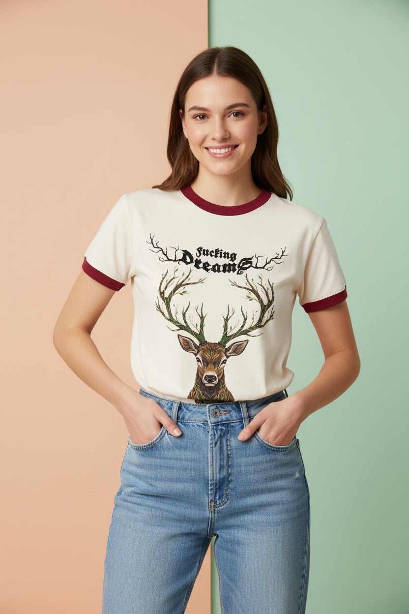 ZotRage cream ringer t-shirt with maroon trim and a detailed deer head graphic with leafy antlers and text.