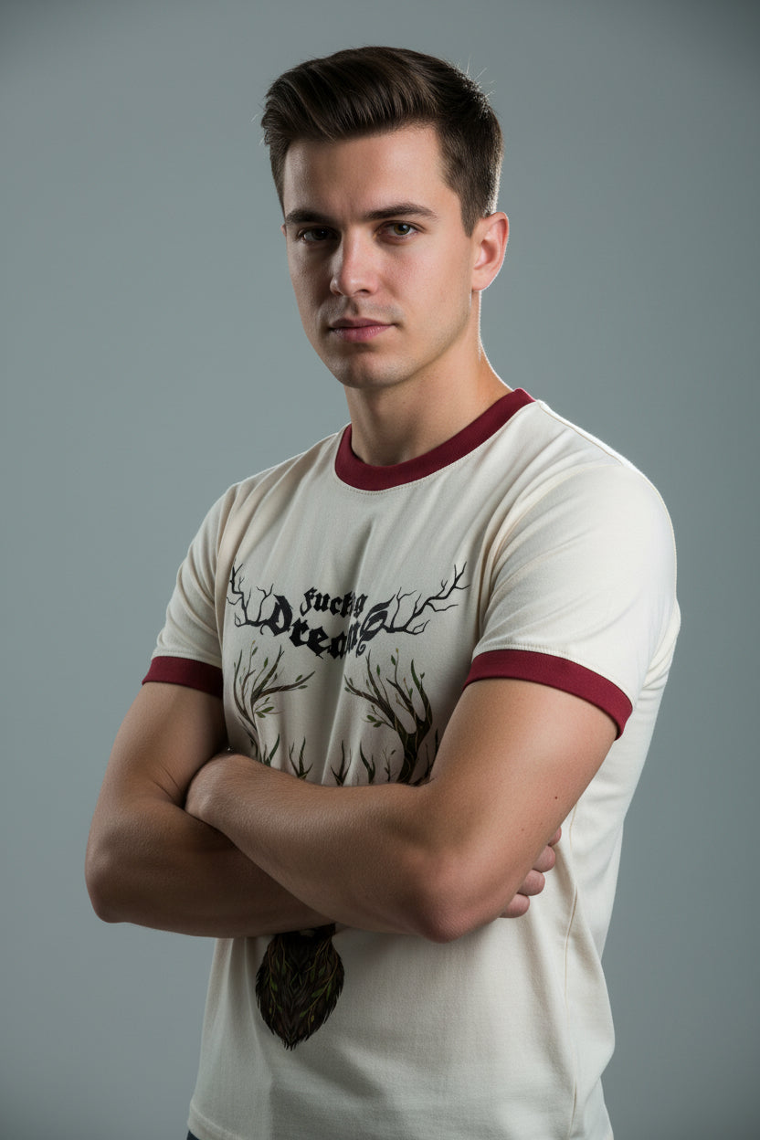 ZotRage cream ringer t-shirt with maroon trim and a detailed deer head graphic with leafy antlers and text.