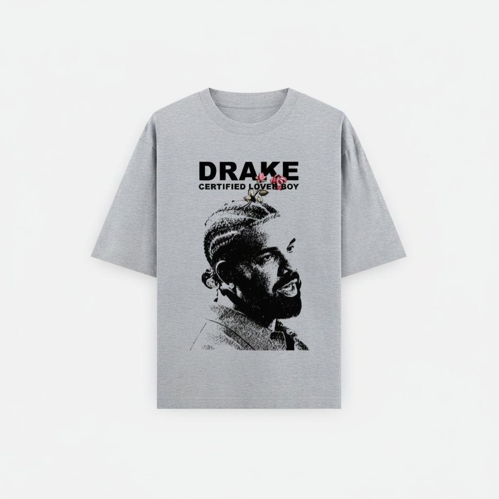 ZotRage grey melange oversized cotton t-shirt featuring a black and white Drake graphic with a red rose detail.