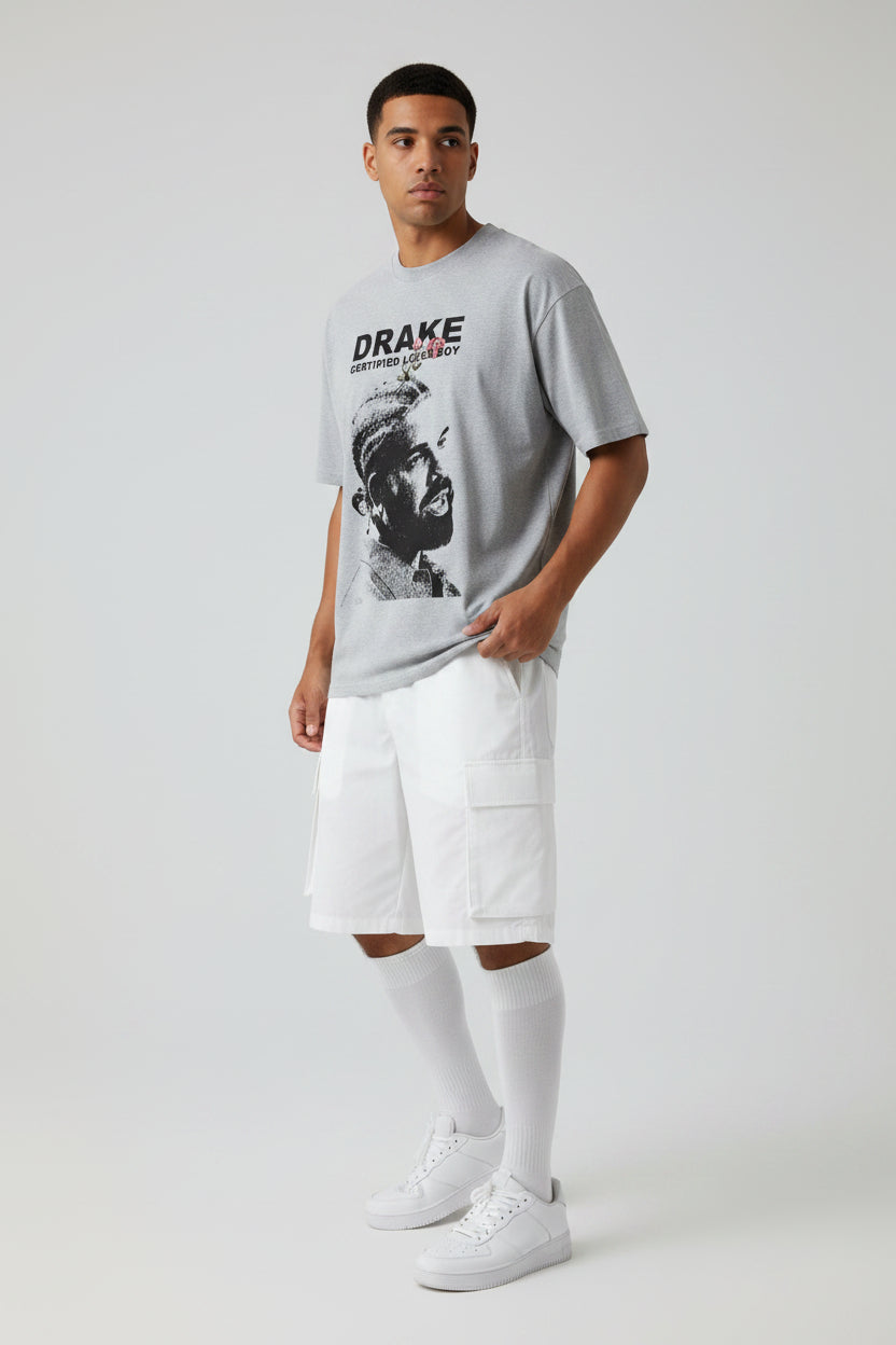 ZotRage grey melange oversized cotton t-shirt featuring a black and white Drake graphic with a red rose detail.