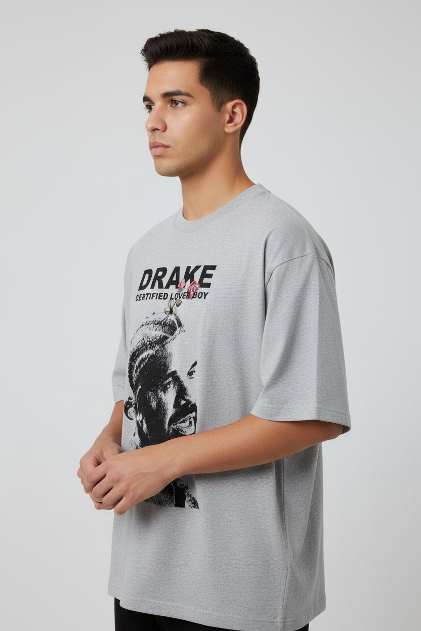 ZotRage grey melange oversized cotton t-shirt featuring a black and white Drake graphic with a red rose detail.