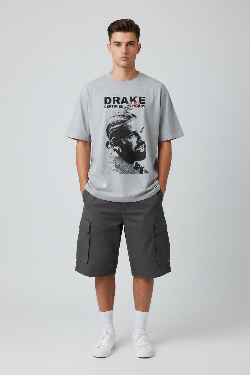 ZotRage grey melange oversized cotton t-shirt featuring a black and white Drake graphic with a red rose detail.