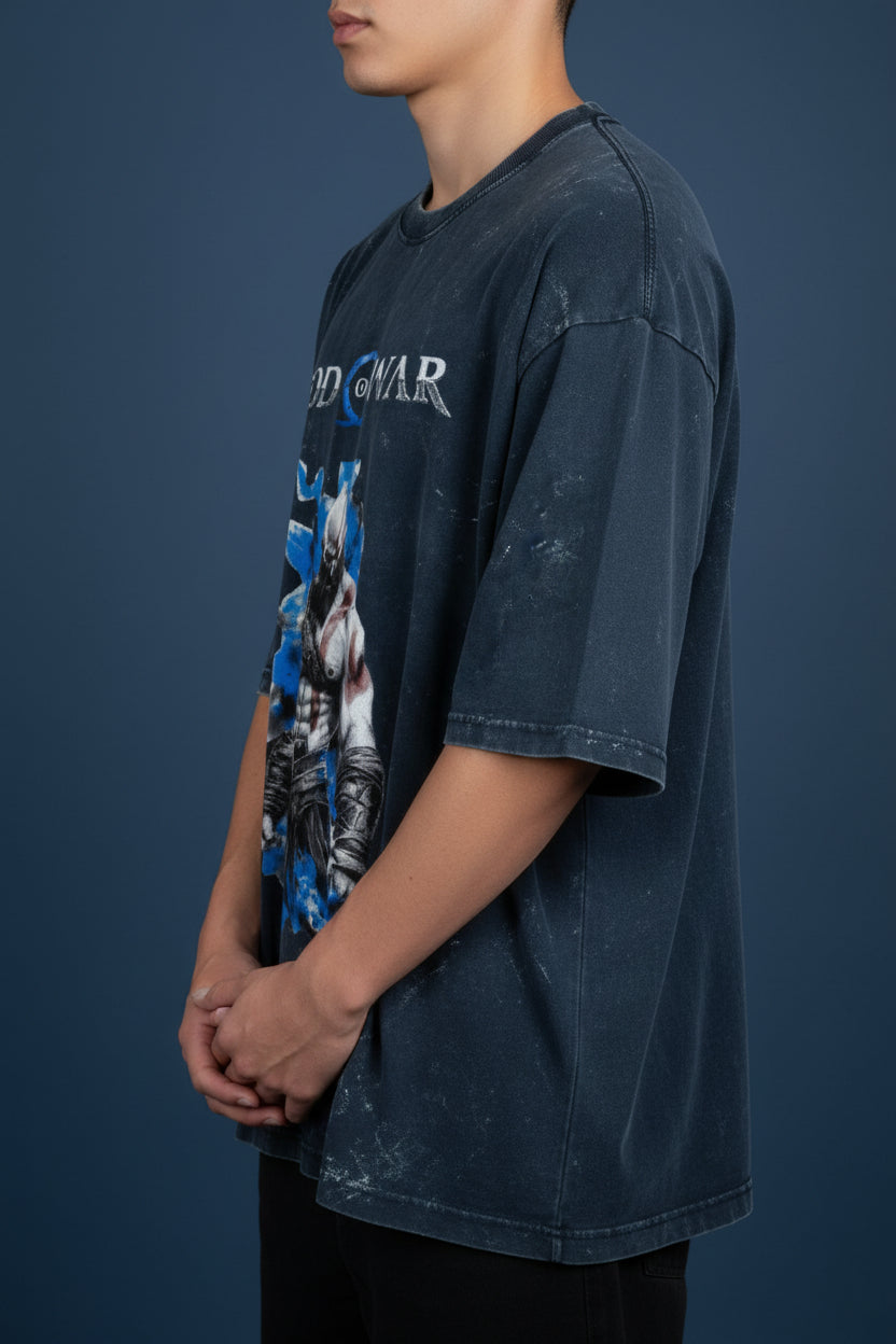 ZotRage navy blue acid-washed oversized cotton t-shirt featuring a God of War Kratos graphic print