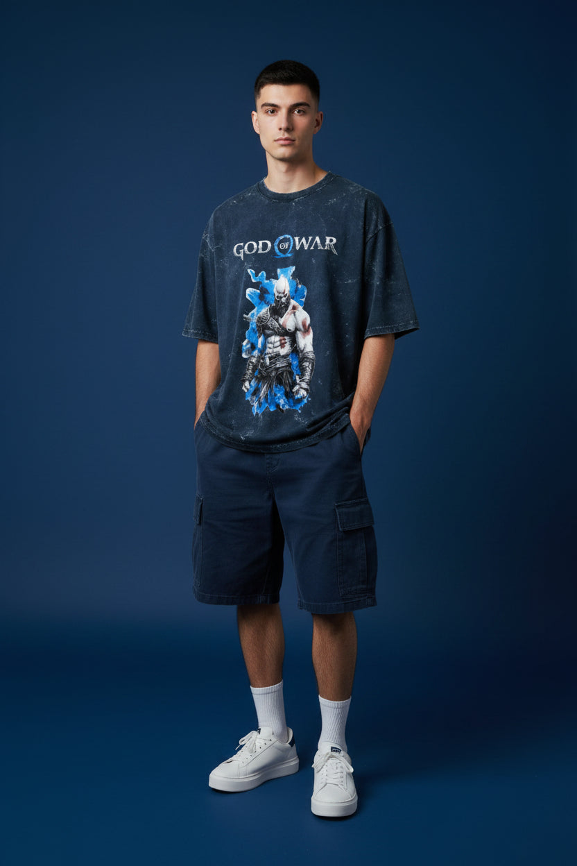 ZotRage navy blue acid-washed oversized cotton t-shirt featuring a God of War Kratos graphic print