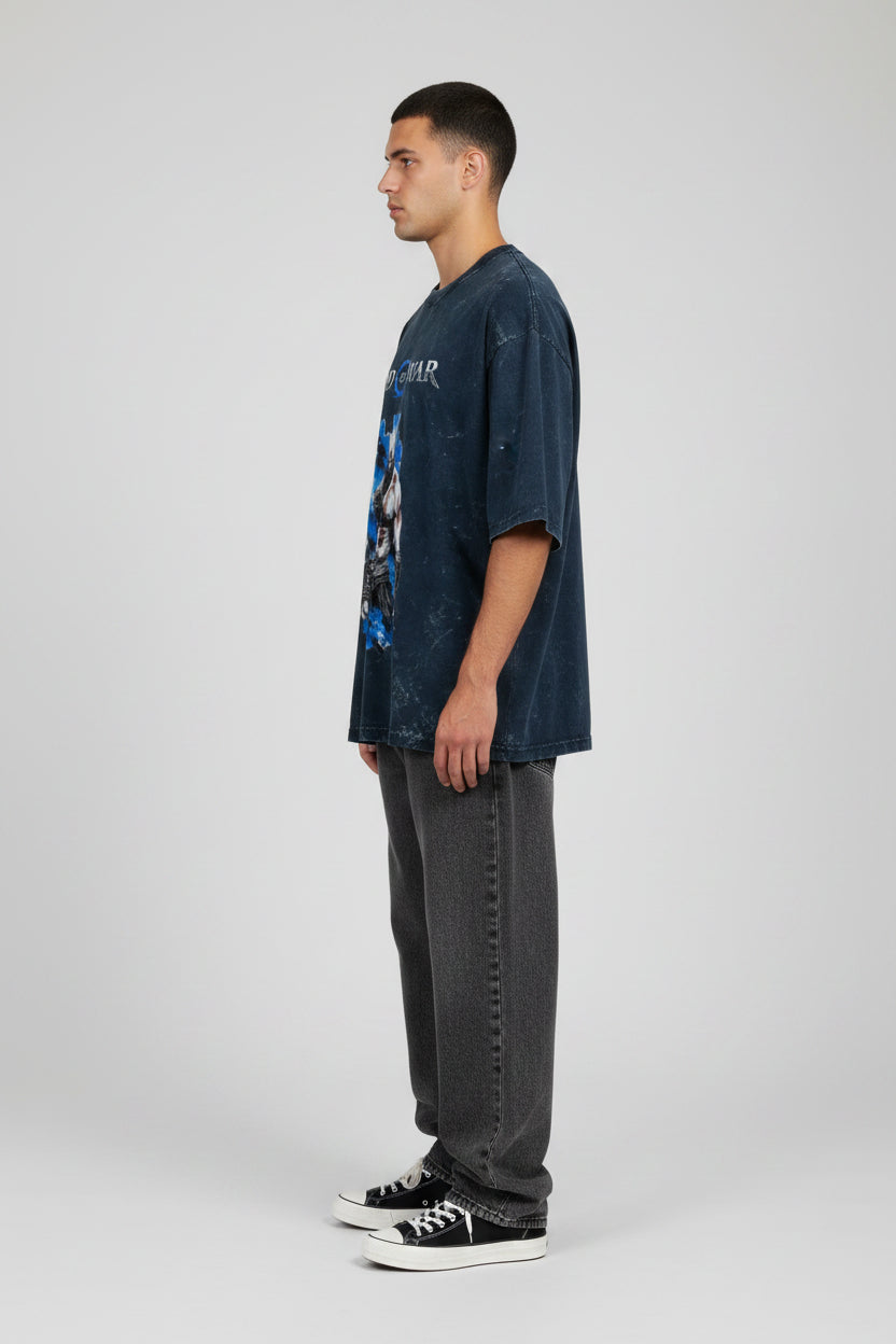 ZotRage navy blue acid-washed oversized cotton t-shirt featuring a God of War Kratos graphic print