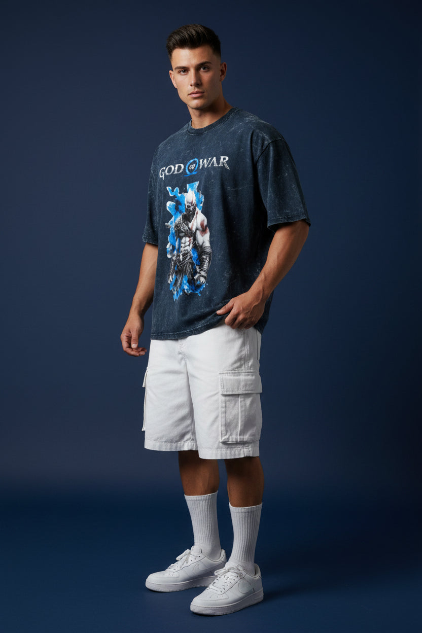 ZotRage navy blue acid-washed oversized cotton t-shirt featuring a God of War Kratos graphic print