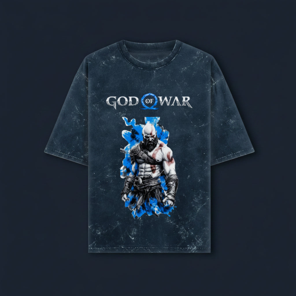 ZotRage navy blue acid-washed oversized cotton t-shirt featuring a God of War Kratos graphic print