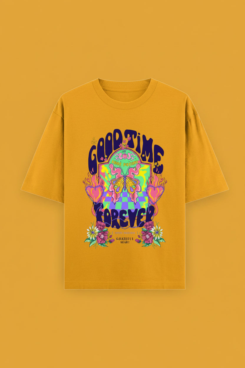 ZotRage golden yellow heavyweight cotton oversized t-shirt with Goodtime Forever graphic print and floral details