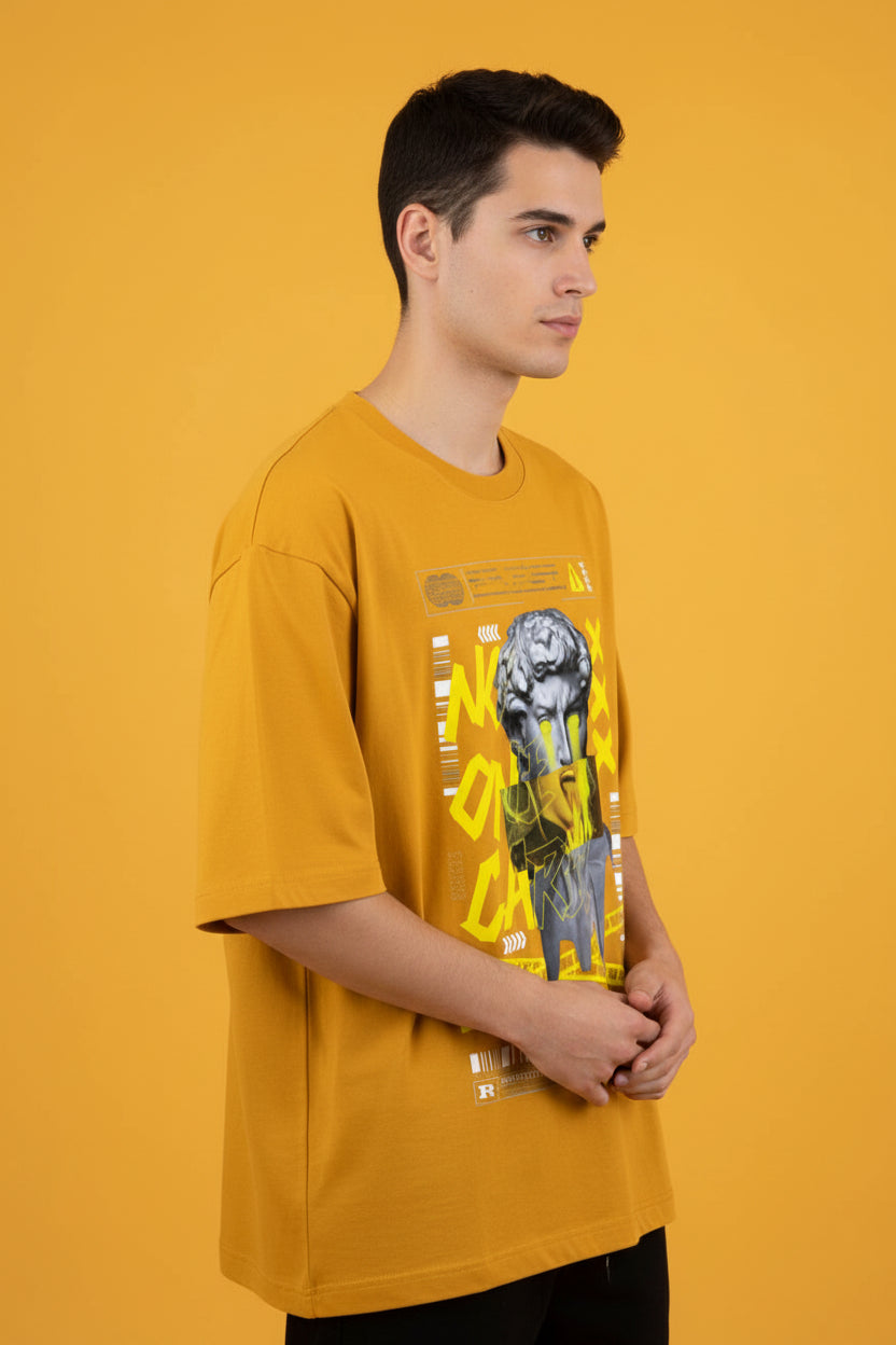 ZotRage golden yellow heavyweight cotton oversized t-shirt with graphic statue print and streetwear design