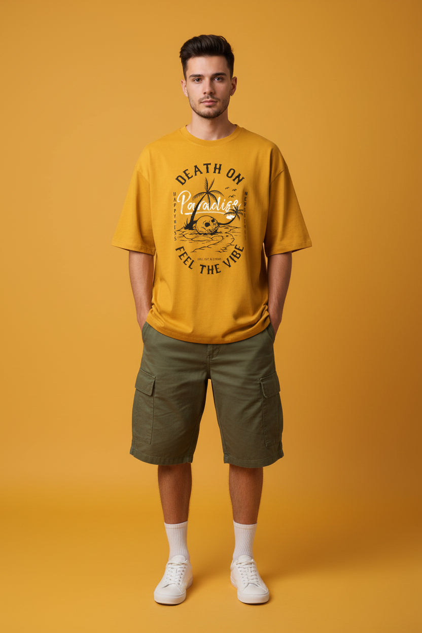 ZotRage golden yellow heavyweight cotton oversized t-shirt with black graphic skull and palm tree paradise print.