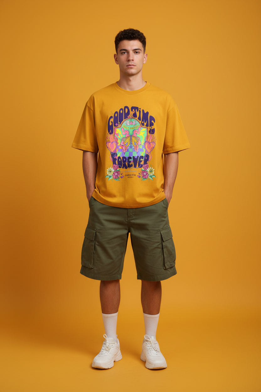 ZotRage golden yellow oversized cotton t-shirt featuring a colourful psychedelic butterfly and floral graphic print
