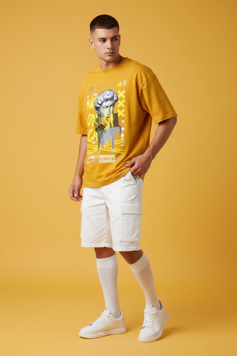 ZotRage golden yellow heavyweight cotton oversized t-shirt with graphic print of a statue and yellow accents.