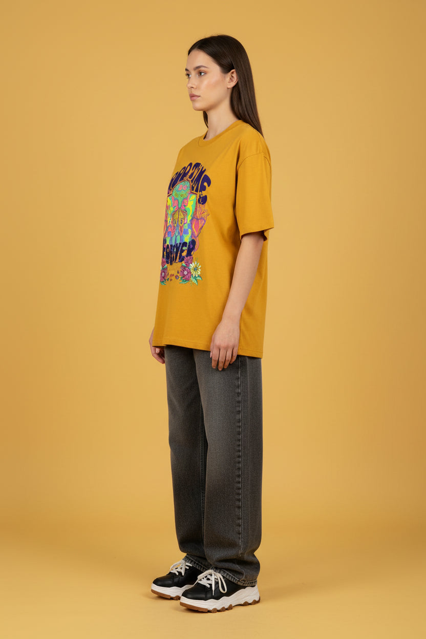 ZotRage golden yellow heavyweight cotton oversized t-shirt with Goodtime Forever graphic print and floral details