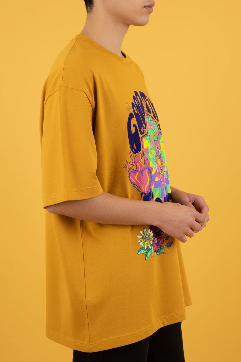 ZotRage golden yellow heavyweight cotton oversized t-shirt with Goodtime Forever graphic print and floral details